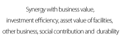 Business value, investment effi ciency, asset value of facilities, synergy with other projects, social contribution, durability